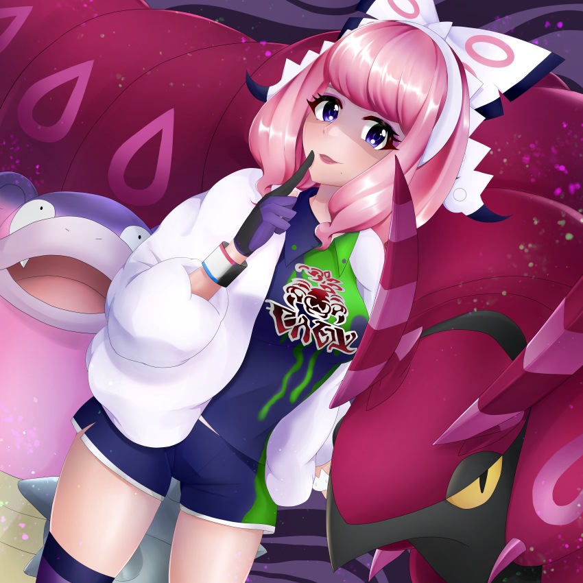 1girl 1roha_aiya00 absurdres antennae asymmetrical_legwear bow bracelet breasts bug centipede collared_shirt colored_sclera colored_skin creatures_(company) drill_hair dynamax_band eyeshadow flipped_hair fur_jacket galarian_slowbro game_freak gen_5_pokemon gloves gluteal_fold hairband hand_up highres horns index_finger_raised jacket jewelry klara_(pokemon) makeup medium_breasts mismatched_legwear mole mole_under_mouth multicolored_skin nintendo pink_eyeshadow pink_hair pink_lips pink_skin pokemon pokemon_(creature) pokemon_swsh print_shirt print_shorts purple_eyes purple_skin red_skin scolipede sharp_teeth shirt short_hair shorts side_slit side_slit_shorts single_glove smile teeth thighhighs twin_drills two-tone_skin white_bow white_hairband yellow_sclera