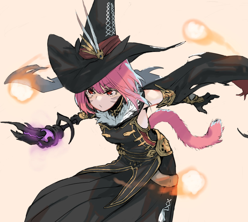 1girl animal_ear_headwear animal_ears black_cape black_gloves black_hat black_mage_(final_fantasy) black_shirt black_skirt brown_background cape cat_ears cat_tail facial_mark fake_animal_ears final_fantasy final_fantasy_xi final_fantasy_xiv floating_clothes fur_trim ganesagi gloves hat highres holding holding_staff magic miqo&#039;te pink_hair red_eyes shirt short_hair simple_background skirt sleeveless sleeveless_shirt solo staff tail warrior_of_light_(ff14) witch_hat