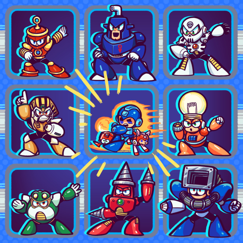6+boys arm_up blue_eyes bright_man dive_man drill_man dust_man green_eyes highres humanoid_robot index_finger_raised laser-lance light_bulb mega_man_(character) mega_man_(classic) mega_man_(series) mega_man_4 multiple_boys open_mouth pharaoh_man red_eyes ring_man robot rush_(mega_man) skull_man teeth toad_man upper_teeth_only