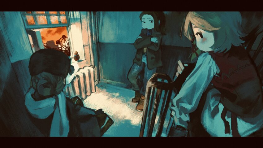 3girls european_architecture heater highres indoors limited_palette long_hair multiple_girls nanimonothing original perspective ponytail red_sky russia russia_(nanimonothing) scarf short_hair sky window