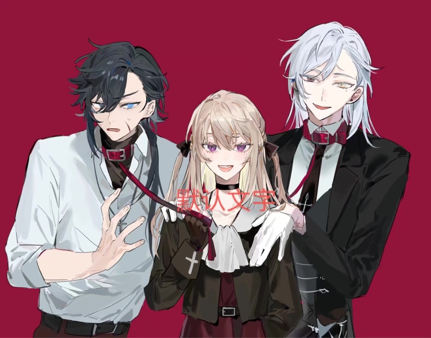 1girl 2boys :d black_hair black_necktie blonde_hair blue_eyes choker collared_shirt cross dress formal_clothes gloves hair_between_eyes hair_ribbon hand_on_another&#039;s_shoulder heterochromia highres holding holding_leash jewelry leash long_hair long_sleeves looking_at_viewer medium_hair multiple_boys necklace necktie open_mouth original purple_eyes qyzhiaiyisheng red_background red_eyes ribbon scar scar_on_face shirt short_hair simple_background sleeves_rolled_up smile two_side_up white_hair white_shirt