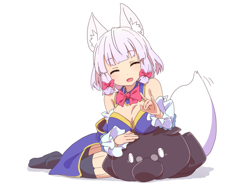 1girl ^_^ animal_ear_fluff animal_ears black_thighhighs blue_sleeves bow bowtie breasts cleavage closed_eyes commentary_request cosplay detached_sleeves fox_ears fox_girl fox_shadow_puppet fox_tail hair_bow highres icorasama large_breasts machikado_mazoku multiple_tails nipples open_mouth red_bow red_bowtie riko_(machikado_mazoku) short_hair simple_background smile solo tail thighhighs white_background white_hair yoshida_yuuko_(machikado_mazoku) yoshida_yuuko_(machikado_mazoku)_(cosplay)