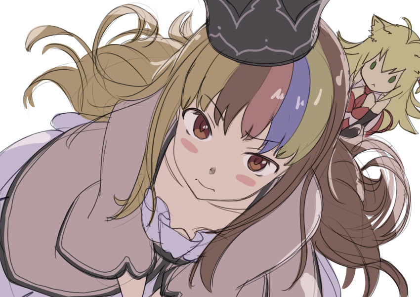 2girls :&lt; absurdres animal_ears bare_shoulders beige_dress black_sleeves blonde_hair blush_stickers breasts brown_eyes brown_hair cat_ears cleavage_cutout clothing_cutout commentary crown detached_sleeves foreshortening from_above galaco galaco_(neo) green_eyes highres kemonomimi_mode long_hair looking_at_viewer medium_breasts multicolored_hair multiple_girls necktie red_neckwear red_shirt shirt short_necktie sketch sleeveless sleeveless_shirt solid_oval_eyes streaked_hair tarokazu tsurumaki_maki very_long_hair vocaloid voiceroid white_background