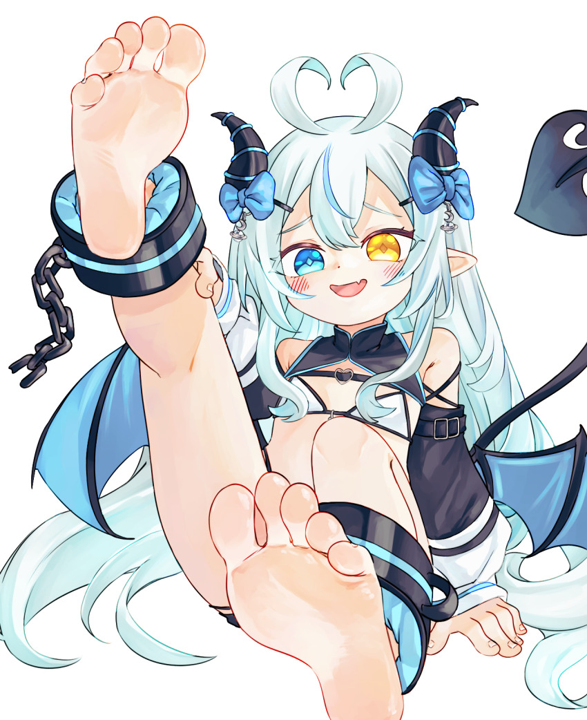 1girl akugaki_koa antenna_hair barefoot blue_eyes blush bow chaosexceed demon_girl demon_horns demon_tail demon_wings fang feet flat_chest foot_focus heterochromia highres horns idol_corp long_hair looking_at_viewer pointy_ears simple_background skin_fang soles solo tail toes very_long_hair virtual_youtuber white_background wings yellow_eyes
