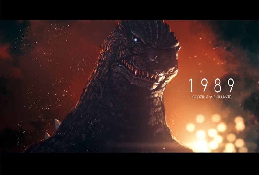 blue_eyes ears embers english_text epic explosion fire giant giant_monster glowing glowing_eyes godzilla godzilla_(series) godzilla_vs._biollante kaiju lava looking_sideways monster no_humans realistic sharp_teeth smoke spikes suttoko tail teeth toho volcano