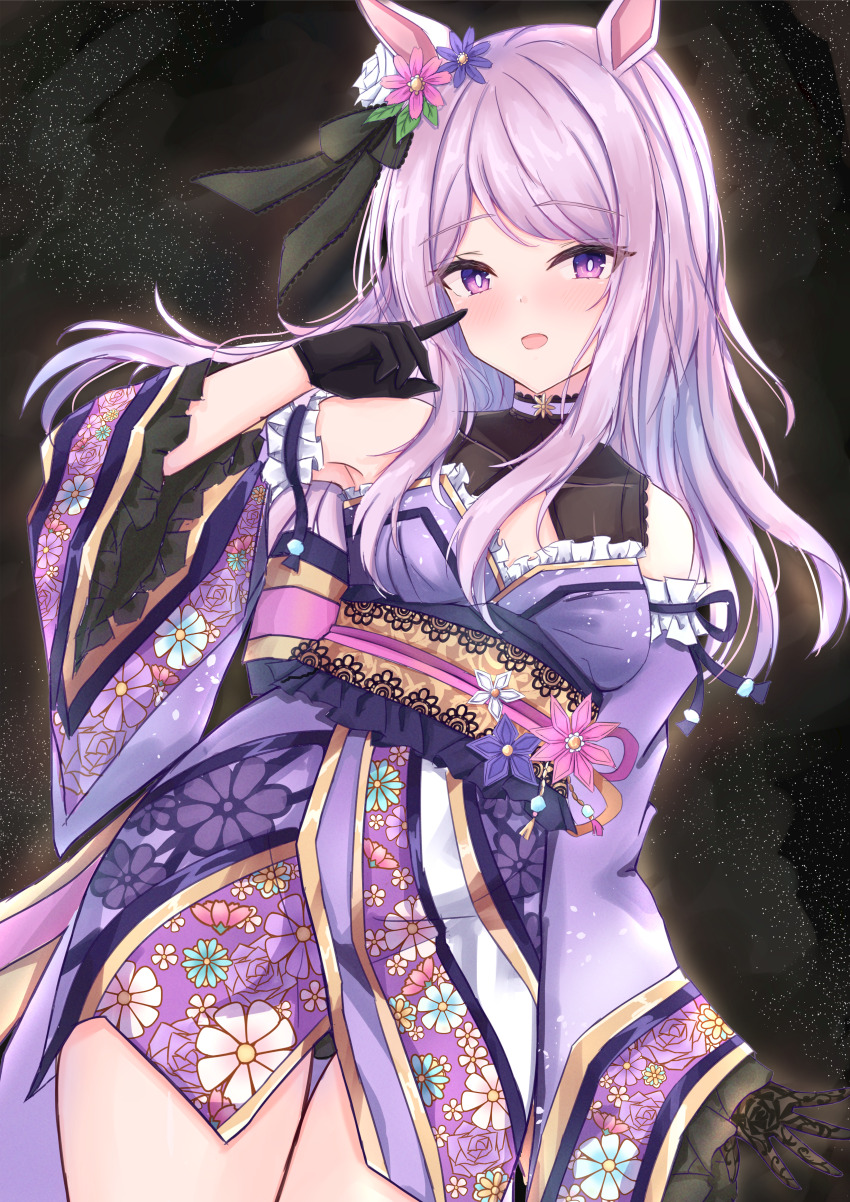 1girl absurdres alternate_costume animal_ears armpits bare_shoulders black_background black_gloves blush breasts cdsola commentary_request cowboy_shot detached_sleeves ear_flower gloves gold_city_(akizakura_danzatrice)_(umamusume) gold_city_(umamusume) highres horse_ears horse_girl horse_tail japanese_clothes kimono long_sleeves looking_at_viewer medium_breasts mejiro_mcqueen_(umamusume) obi pointing pointing_at_self purple_eyes purple_hair purple_kimono sash simple_background smile solo tail umamusume