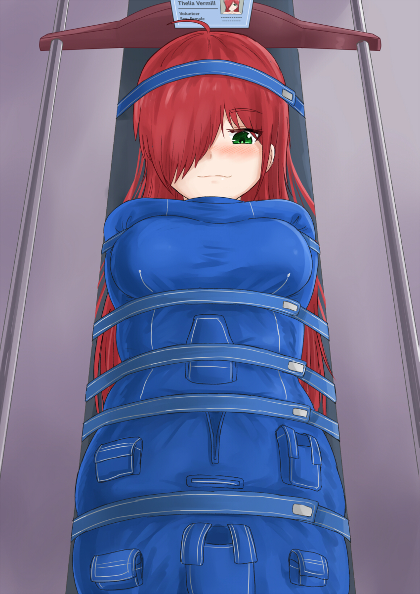 bdsm bondage bound breasts commentary english_commentary green_eyes hair_over_one_eye highres immobilization jitan777 long_hair medium_breasts nasa original pouch red_hair restrained sleepsack smile
