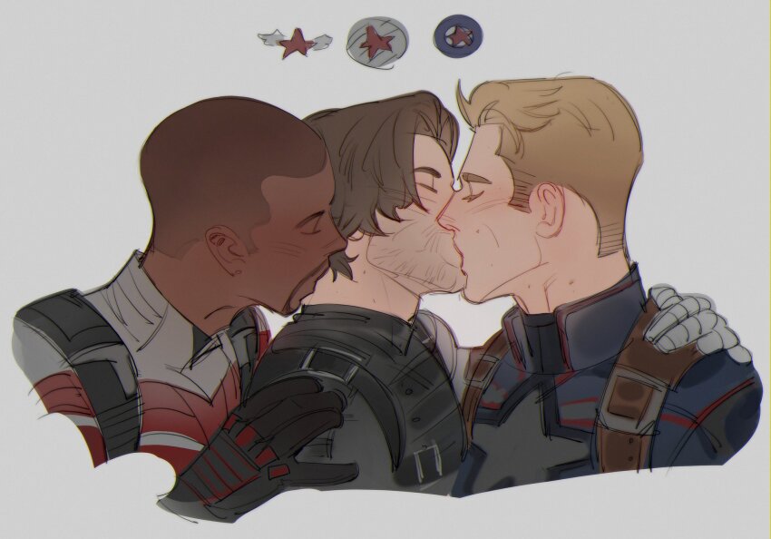 3boys arm_around_shoulder brown_hair bucky_barnes captain_america captain_america_(series) closed_eyes commentary cropped_shoulders cropped_torso curtained_hair dark-skinned_male dark_skin english_commentary facial_hair group_sex hand_on_another&#039;s_shoulder highres interracial kiss kissing_neck male_focus marvel mmm_threesome multiple_boys profile prosthesis prosthetic_arm sam_wilson sasha_shkret sideburns star_(symbol) steve_rogers the_falcon threesome winter_soldier yaoi