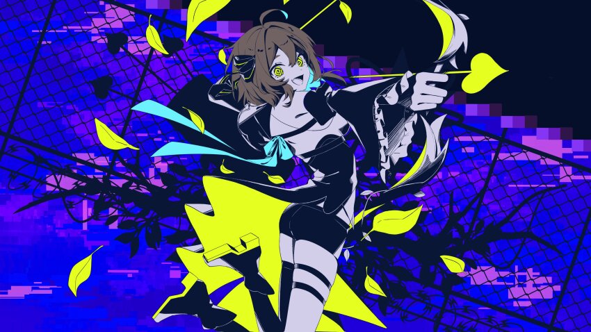 1girl :d @_@ absurdres ahoge aiming aiming_at_viewer ankle_boots aqua_hair arched_back arrow_(projectile) asymmetrical_legwear barbed_wire blue_hair boots bow bow_(weapon) branch brown_hair bug_(vocaloid) chain-link_fence chest_belt colored_inner_hair commentary_request cowboy_shot cross-laced_clothes cross-laced_shorts detached_sleeves dress falling_leaves feet_up fence frilled_sleeves frills hair_bow hair_flaps hair_ornament half_capelet heart heart_arrow highres holding holding_arrow holding_bow_(weapon) holding_weapon indie_virtual_youtuber jumping leaf long_sleeves looking_at_viewer medium_hair meica_(vtuber) meica_(vtuber)_(1st_costume) multicolored_hair necktie neon_palette o-ring o-ring_thigh_strap open_mouth over-kneehighs phzimi000 platform_boots platform_footwear polyhedron puffy_long_sleeves puffy_sleeves quiver sharp_teeth shirt short_shorts shorts single-shoulder_shirt single_over-kneehigh single_thighhigh skindentation sleeveless sleeveless_dress sleeveless_shirt smile solo star_(symbol) star_hair_ornament teeth thigh_strap thighhighs uneven_legwear virtual_youtuber weapon wide_sleeves