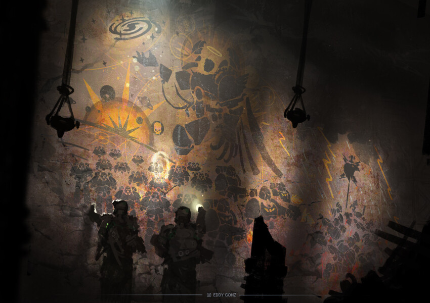 2boys adeptus_astartes artist_name banner battle_standard body_exploration cave cave_paintings clawed_gauntlets eddygonzlezdvila emperor_of_mankind expedition_uniform explosion flashlight flashlight_beam galaxy highres holding holding_flashlight instagram_logo lightning multiple_boys rain skull star_(symbol) thunder_warriors wall war_banner warhammer_40k