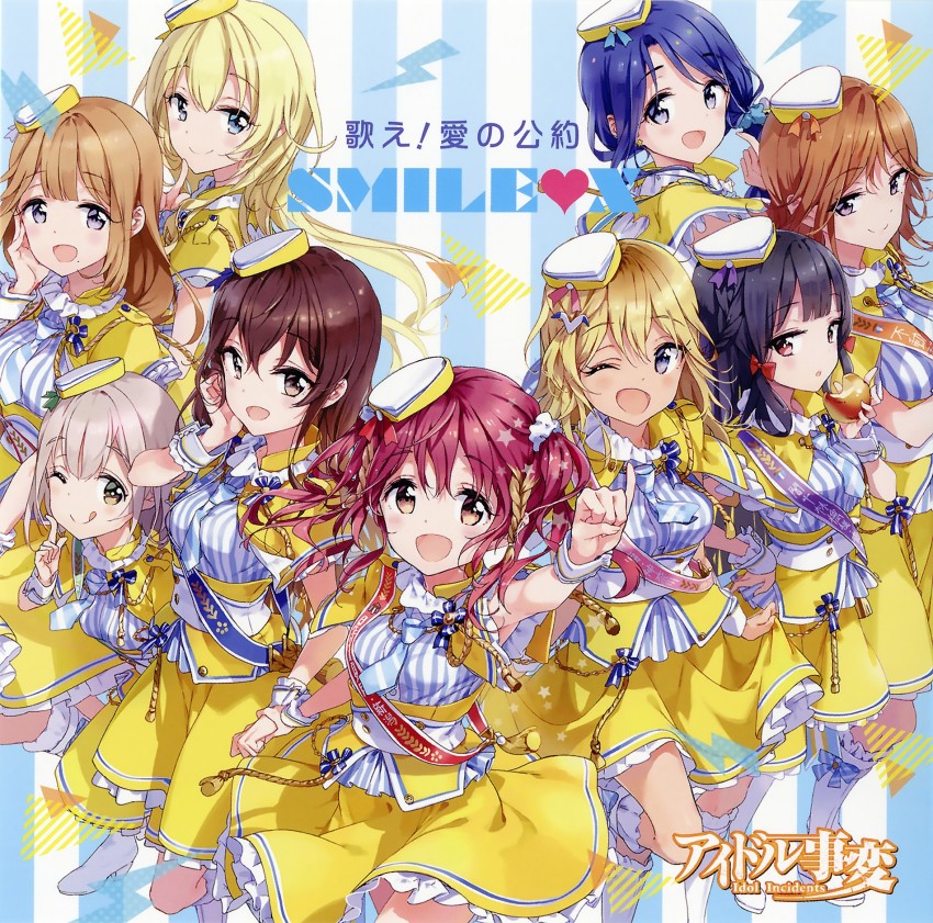 10s 6+girls :d ;d album_cover amou_kuruha arm_up black_eyes blonde_hair blue_bow blue_eyes blue_hair blue_ribbon bow brown_eyes brown_hair copyright_name cover finger_to_mouth floating_hair fuudo_mizuki grey_eyes hair_bow hair_ornament hair_scrunchie hand_grab hand_on_own_hip hat heart high_heels highres holding hosaki_etsudo hoshina_natsuki idol_incidents idol_jihen kondou_sachie leaning_forward leg_up long_hair looking_at_viewer mini_hat mole mole_under_mouth momoi_ume multiple_girls necktie one_eye_closed onimaru_shizuka open_mouth parted_lips red_bow red_eyes red_hair ribbon scrunchie shirt short_necktie side_ponytail skirt skirt_hold sleeveless sleeveless_shirt smile standing striped_back striped_background striped_bow striped_clothes striped_necktie striped_neckwear striped_shirt tiv tongue tongue_out twintails white_hat white_legwear wrist_cuffs yellow_skirt
