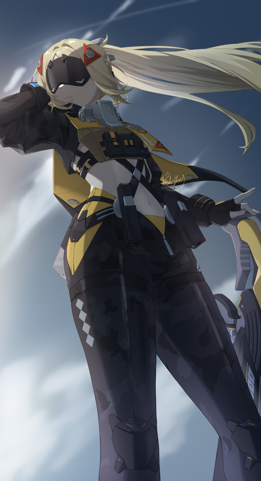 1girl absurdres black_gloves black_pants black_shrug blonde_hair camouflage camouflage_pants closed_mouth commentary covered_eyes cowboy_shot eye_mask facing_to_the_side fingerless_gloves floating_hair gloves gun hand_up highres holding holding_gun holding_weapon long_hair long_sleeves luyue navel open_fly pants rifle shrug_(clothing) signature sniper_rifle solo stomach trigger_(zenless_zone_zero) weapon zenless_zone_zero
