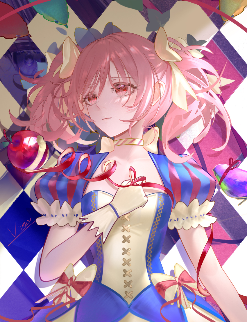1girl absurdres alternate_costume apple blue_dress bow bow_choker choker closed_mouth dress food fruit gloves hair_bow hand_on_own_chest highres kaname_madoka long_hair looking_to_the_side lying mahou_shoujo_madoka_magica on_back pink_eyes pink_hair short_sleeves short_twintails sidelocks solo twintails v-von very_long_hair white_gloves yellow_bow yellow_choker