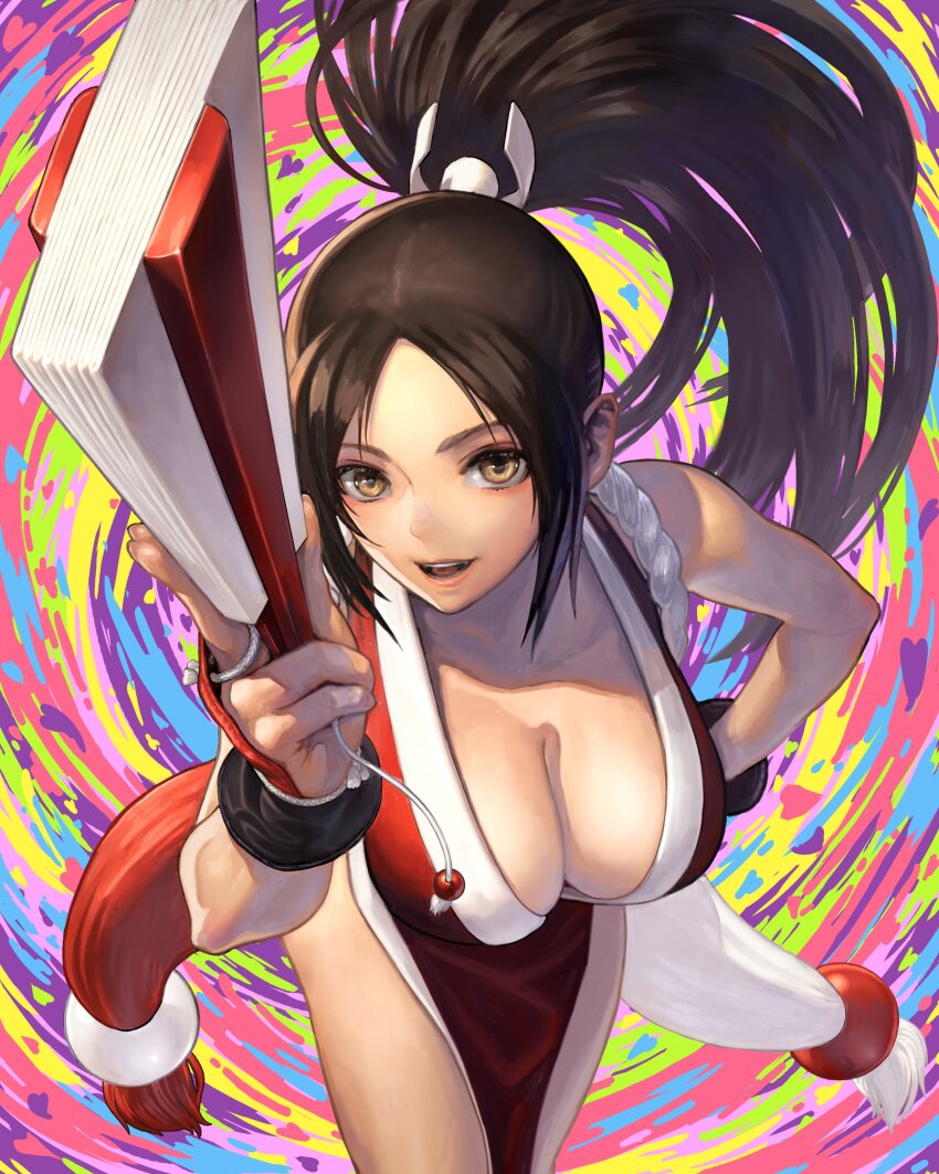 1girl absurdres bare_shoulders bent_over breasts brown_eyes brown_hair cleavage cowboy_shot fatal_fury hand_fan high_ponytail highres holding holding_fan japanese_clothes kimono large_breasts long_hair looking_at_viewer official_art ogura_eisuke ponytail red_kimono second-party_source shiranui_mai snk solo the_king_of_fighters
