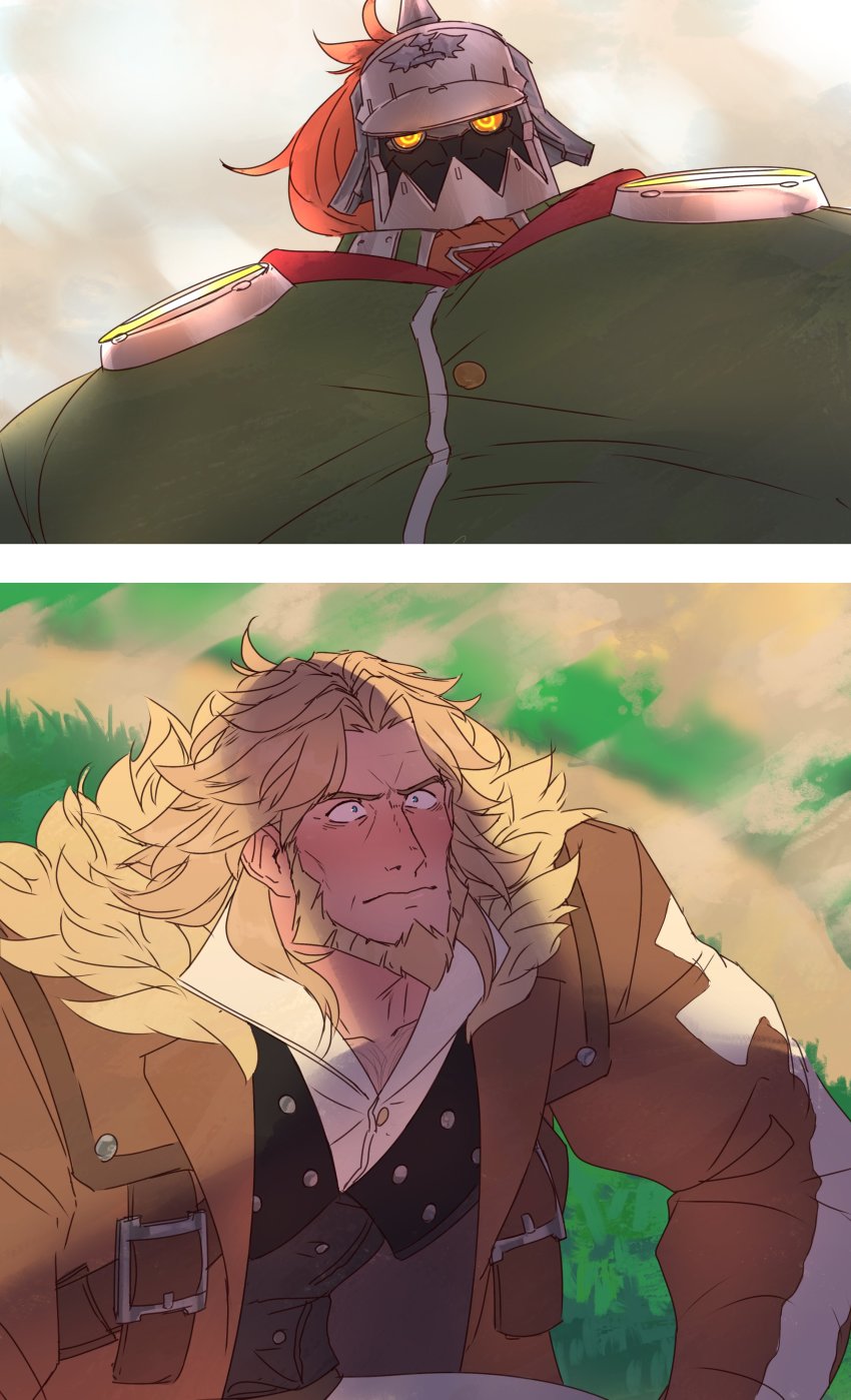 2boys absurdres bara beard blonde_hair blue_eyes blurry blurry_background blush covered_face facial_hair feet_out_of_frame ghangaji glowing glowing_eyes guilty_gear helmet highres jacket large_pectorals leo_whitefang long_hair looking_at_another looking_down male_focus manly mature_male multiple_boys muscular muscular_male open_clothes open_jacket outdoors pectorals potemkin_(guilty_gear) shadow shirt sunlight tight_clothes