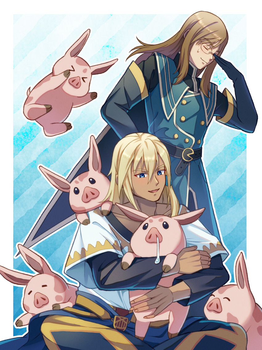 2boys animal animal_hug animal_on_shoulder belt blonde_hair blue_eyes blue_gloves blue_jacket border brown_hair cape ch1emon_i closed_eyes closed_mouth commentary_request dark-skinned_male dark_skin elbow_gloves feet_out_of_frame glasses gloves hair_between_eyes highres indian_style jacket jade_curtiss long_hair male_focus military_uniform multiple_boys open_mouth outside_border peony_ix pig sitting standing sweatdrop tales_of_(series) tales_of_the_abyss white_border