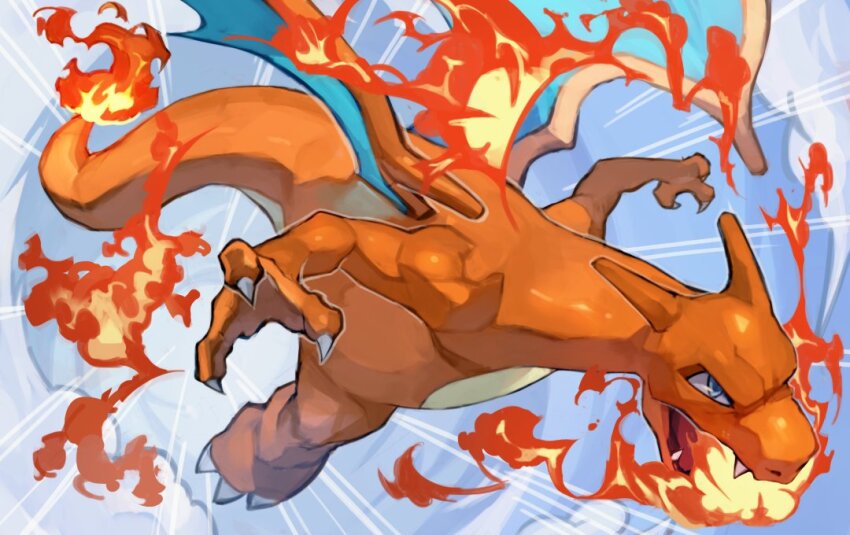 blue_eyes blue_sky breath_weapon breathing_fire charizard claws cloud commentary_request dragon emphasis_lines fighting_stance fire flying gen_1_pokemon nintendo no_humans pokemon pokemon_(creature) sharp_teeth sky solo teeth uedrk_yamato