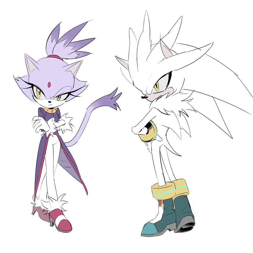1boy 1girl absurdres blaze_the_cat crossed_arms digu718910 full_body furry furry_female furry_male high_heels highres silver_the_hedgehog simple_background sonic_(series) yellow_eyes