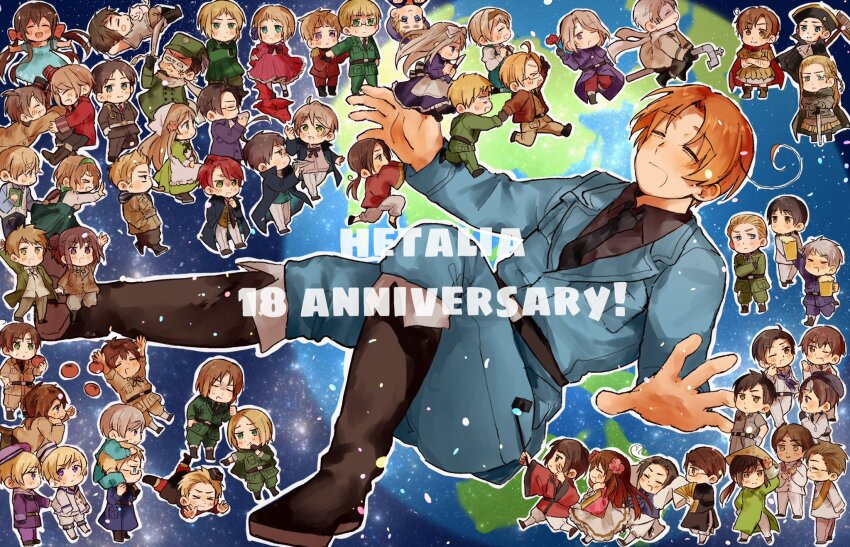 &gt;_&lt; 6+boys 6+girls absolutely_everyone ahoge alcohol america_(hetalia) anger_vein animal animal_ears anniversary ao_dai apron aqua_coat aqua_hairband aqua_pants aqua_skirt arm_up arms_up ascot austria_(hetalia) axis_powers_hetalia back_bow baggy_pants beer belgium_(hetalia) belt beret black-framed_eyewear black_belt black_boots black_cape black_coat black_gloves black_hair black_hat black_necktie black_pants black_ribbon black_scarf black_shirt black_shoes blonde_hair blue_coat blue_dress blue_eyes blue_hat blue_jacket blue_pants blue_sky blush book boots bow bowtie breast_pocket brother_and_sister brothers brown_boots brown_coat brown_hair brown_hat brown_jacket brown_pants brown_shirt brown_vest cape capelet cat cat_ears cat_tail changpao character_request chibi china_(hetalia) chinese_clothes clapping closed_eyes closed_mouth coat collared_capelet collared_shirt commentary_request cross crossed_arms cup dark-skinned_male dark_skin dress drinking drinking_glass earth_(planet) english_text epaulettes estonia_(hetalia) everyone eye_mask false_smile finland_(hetalia) floating_clothes floating_hair flower flower_necklace food france_(hetalia) frills full_body fur-trimmed_jacket fur_trim germany_(hetalia) glasses gloves greece_(hetalia) green_dress green_eyes green_jacket green_pants grey_hair grey_vest hair_bow hair_flower hair_ornament hairband hanbok hand_fan hand_on_own_face hand_on_own_hip happy hat headscarf high-waist_skirt highres holding holding_book holding_cup holding_fan holding_flower holding_food holding_hands holding_knife holding_lead_pipe holding_sword holding_vegetable holding_weapon holy_roman_empire_(hetalia) hong_kong_(hetalia) hungary_(hetalia) iceland_(hetalia) india_(hetalia) iron_cross jacket japan_(hetalia) jewelry juliet_sleeves knife korea_(hetalia) korean_clothes lapels latvia_(hetalia) lead_pipe liechtenstein_(hetalia) lithuania_(hetalia) long_hair long_sleeves longpao looking_at_another low_ponytail low_twintails lying military_hat military_jacket military_uniform mini_hat multiple_boys multiple_girls neck_ribbon necklace necktie netherlands_(hetalia) northern_ireland_(hetalia) northern_italy_(hetalia) norway_(hetalia) on_back on_one_knee on_stomach one_eye_closed open_clothes open_jacket open_mouth orange_hair pants pink_dress pink_flower pink_shirt planet po_te_06 pocket poland_(hetalia) ponytail portugal_(hetalia) prussia_(hetalia) puffy_long_sleeves puffy_short_sleeves puffy_sleeves purple_capelet purple_dress purple_eyes purple_hat purple_jacket red_bow red_bowtie red_cape red_flower red_hair red_hairband red_hat red_jacket red_pants red_rose red_shirt ribbon rice_hat rose running russia_(hetalia) sailor_collar sailor_hat sailor_shirt sash scarf scotland_(hetalia) sealand_(hetalia) semi-rimless_eyewear seychelles_(hetalia) shaded_face shirt shoes short_hair short_sleeves siblings sidelocks sisters sitting skirt sky smile southern_italy_(hetalia) space spain_(hetalia) spiked_hair standing star_(sky) starry_sky striped_bow suit_jacket sweatdrop switzerland_(hetalia) sword tail taiwan_(hetalia) tearing_up tomato twins twintails two-sided_coat two-sided_fabric ukraine_(hetalia) united_kingdom_(hetalia) upside-down vegetable vest vietnam_(hetalia) vietnamese_clothes visor_cap wales_(hetalia) walking waving weapon white_apron white_ascot white_bow white_cat white_hanbok white_hat white_headscarf white_jacket white_pants white_scarf white_skirt wide_sleeves yellow_dress yellow_sash
