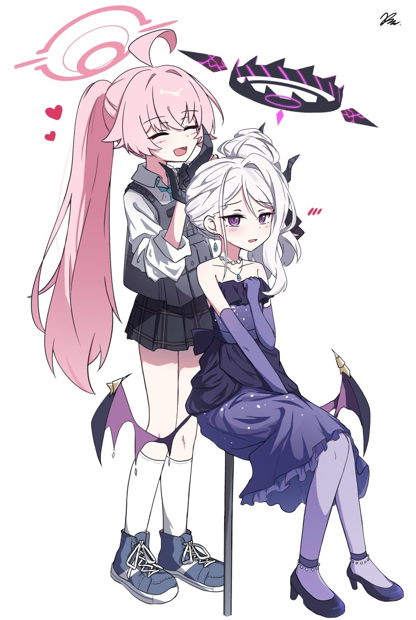 2girls absurdres artist_name black_halo blue_archive breasts commentary_request demon_girl demon_horns demon_wings dress full_body gloves halo highres hina_(blue_archive) hina_(dress)_(blue_archive) horns hoshino_(armed)_(blue_archive) hoshino_(blue_archive) kiroshi long_hair multiple_girls pink_hair pink_halo purple_dress purple_eyes purple_gloves simple_background sitting skirt small_breasts standing white_background white_hair wings