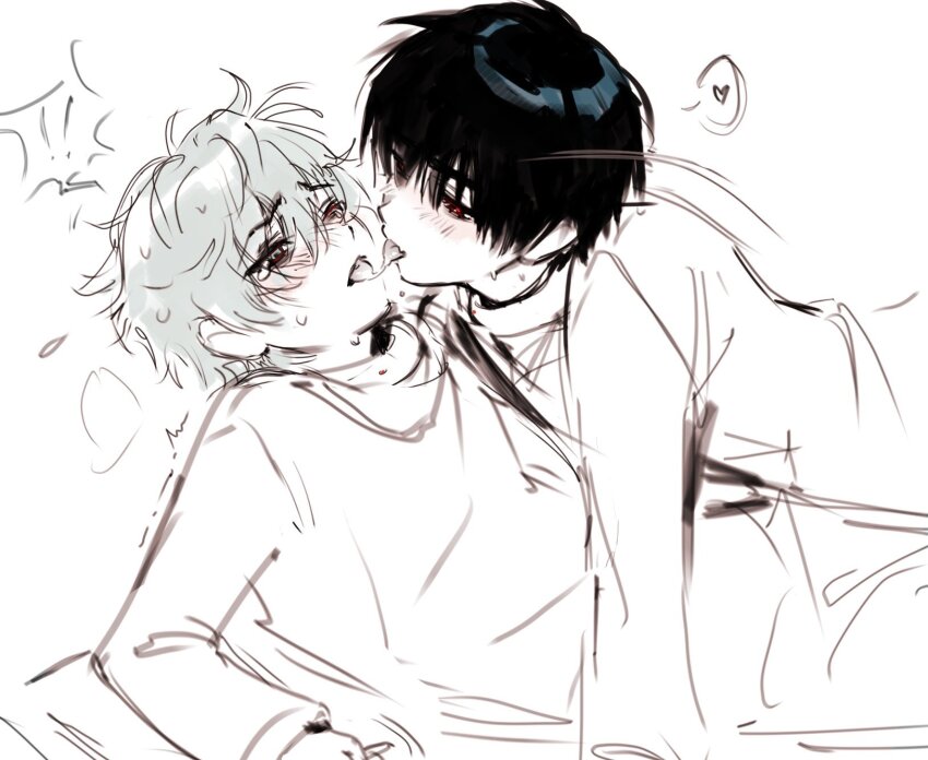 2boys alien_stage black_eyes black_hair blush collar french_kiss full-face_blush green_eyes grey_hair heart highres ivan_(alien_stage) kiss koinurin long_sleeves male_focus multiple_boys pants red_pupils saliva saliva_trail shirt short_hair shota simple_background sketch sweat till_(alien_stage) white_background white_collar white_pants white_shirt yaoi