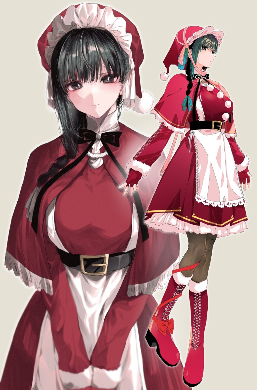 1girl apron belt black_belt black_bow black_eyes black_hair black_pantyhose blush boots bow braid breasts capelet closed_mouth commentary_request dress fingerless_gloves gloves hat highres kimi_wa_meido-sama large_breasts long_hair looking_at_viewer maid multiple_views pantyhose parted_lips red_boots red_capelet red_dress red_gloves santa_costume santa_dress santa_hat shotan simple_background white_apron yuki_(kimi_wa_meido-sama)