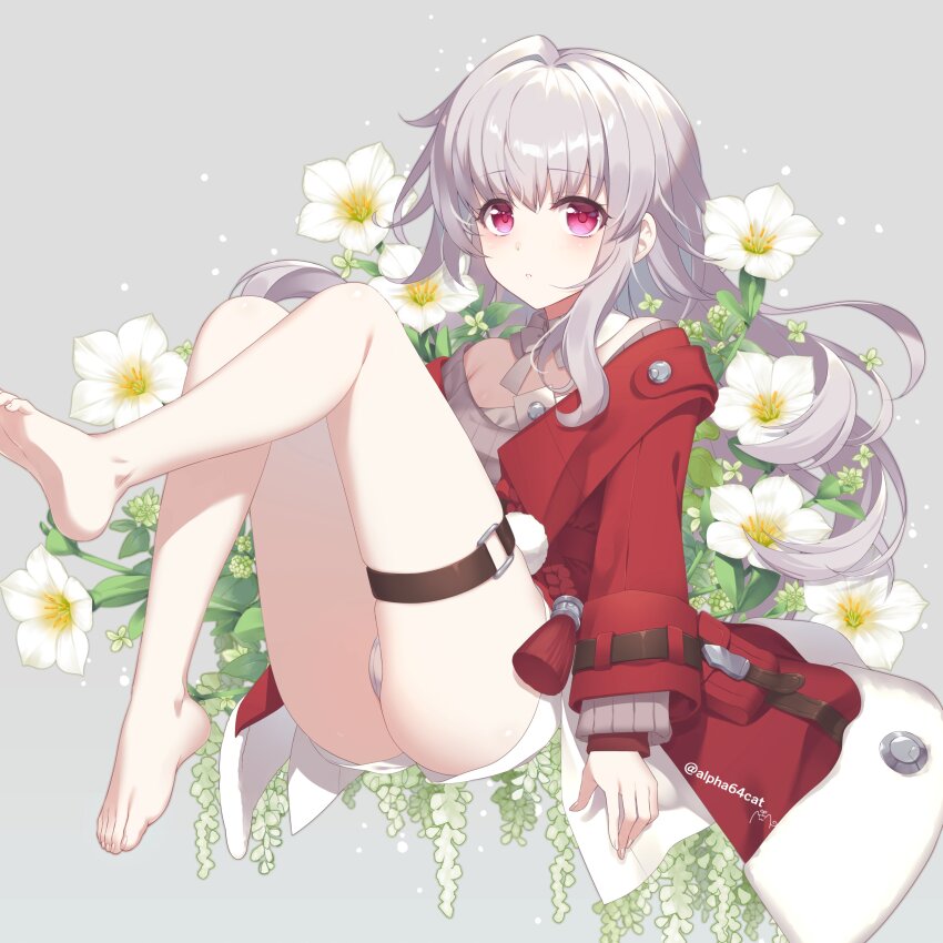 1girl absurdres alpha_(yukai_na_nakamatachi) barefoot belt blush bow bowtie breasts brown_belt clara_(honkai:_star_rail) detached_collar eyelashes feet flower foot_up full_body grey_background grey_hair highres honkai:_star_rail honkai_(series) jacket knee_up legs lily_(flower) long_hair long_sleeves looking_at_viewer off_shoulder purple_eyes red_jacket short_shorts shorts sitting small_breasts solo thigh_strap thighs toenails toes twitter_username white_bow white_bowtie white_shorts