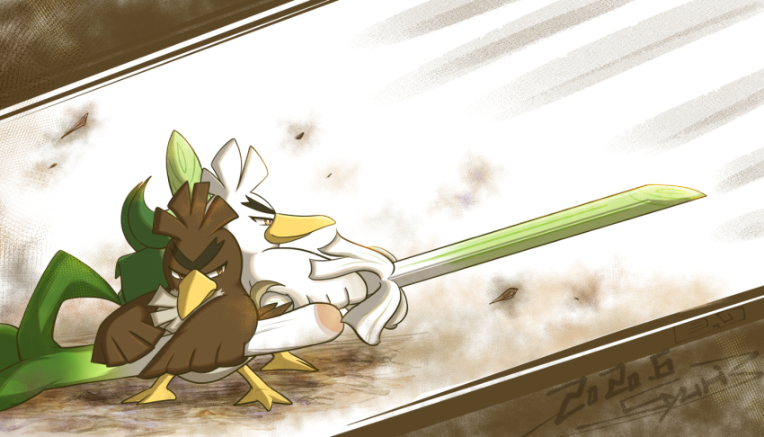 back-to-back bird brown_eyes dated debris duck evolutionary_line fighting_stance food full_body galarian_farfetch&#039;d galarian_form gen_8_pokemon holding holding_food holding_vegetable nintendo no_humans pokemon pokemon_(creature) shuri_(syurigame) signature sirfetch&#039;d standing thick_eyebrows v-shaped_eyebrows vegetable