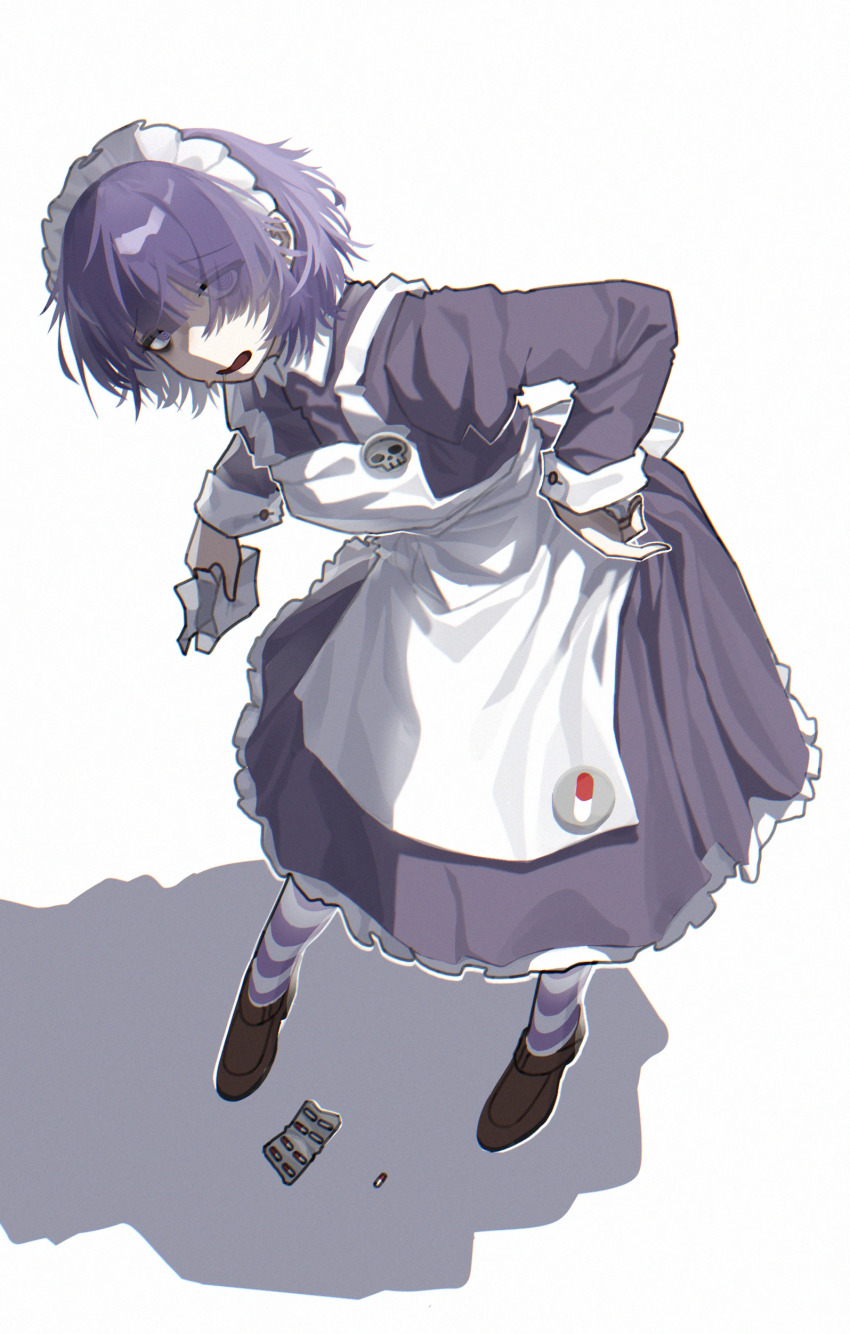 1girl absurdres apron blister_pack brown_shoes collared_dress commentary_request dress eyes_visible_through_hair frilled_dress frills full_body futaba_channel head_tilt highres long_sleeves looking_at_viewer maid maid_headdress nijiura_maids open_mouth pill purple_dress purple_eyes purple_hair purple_socks shoes short_hair simple_background socks solo striped_clothes striped_socks traveler_hxy white_apron white_background white_socks yakui