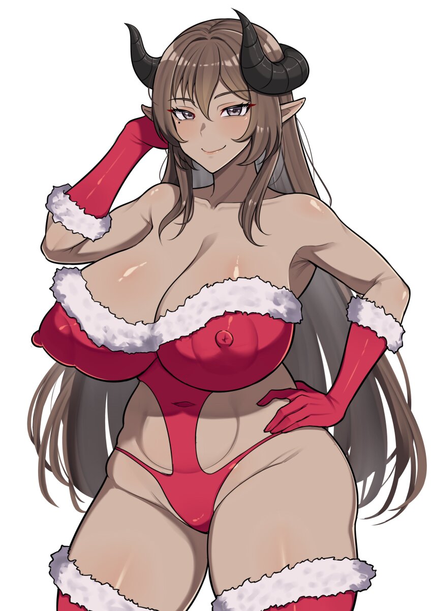1girl absurdres band-width black_horns breasts brown_hair cleavage clothing_cutout collarbone commission covered_erect_nipples covered_navel dark-skinned_female dark_skin draph fur-trimmed_gloves fur-trimmed_leotard fur-trimmed_thighhighs fur_trim gloves grey_eyes hand_on_own_hip highres horns large_breasts leotard long_hair mole mole_under_eye original pointy_ears red_gloves red_leotard red_thighhighs smile solo thighhighs