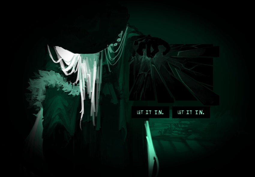 1girl black_gloves broken_glass dialogue_box dim_lighting english_text facing_viewer fur-trimmed_jacket fur_trim glass gloves hat head_down highres jacket night no_i&#039;m_not_a_human original parody reverse_grip user_interface white_hair whyratention