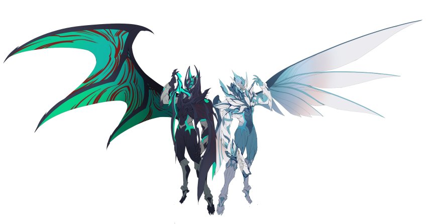 2boys absurdres angel angel_and_devil angel_wings aqua_eyes armor asymmetrical_armor back-to-back bat_(animal) bat_wings black_armor black_cape black_eyes black_wings cape capelet catball1994 claw_pose clawed_boots clawed_gauntlets dagger demon demon_boy demon_wings elbow_spikes fake_horns full_body grey_footwear gun handgun helmet high_collar highres holding holding_weapon holy_live horned_helmet horns kamen_rider kamen_rider_evil kamen_rider_live kamen_rider_revice knife livegun looking_at_viewer male_focus multiple_boys open_hands organic sharp_teeth sheath sheathed single_horn spiked_armor spiked_helmet splatter stylistic sword symmetry teeth thigh_strap thighs walking weapon white_armor white_background white_cape white_footwear white_wings wing_genome wings