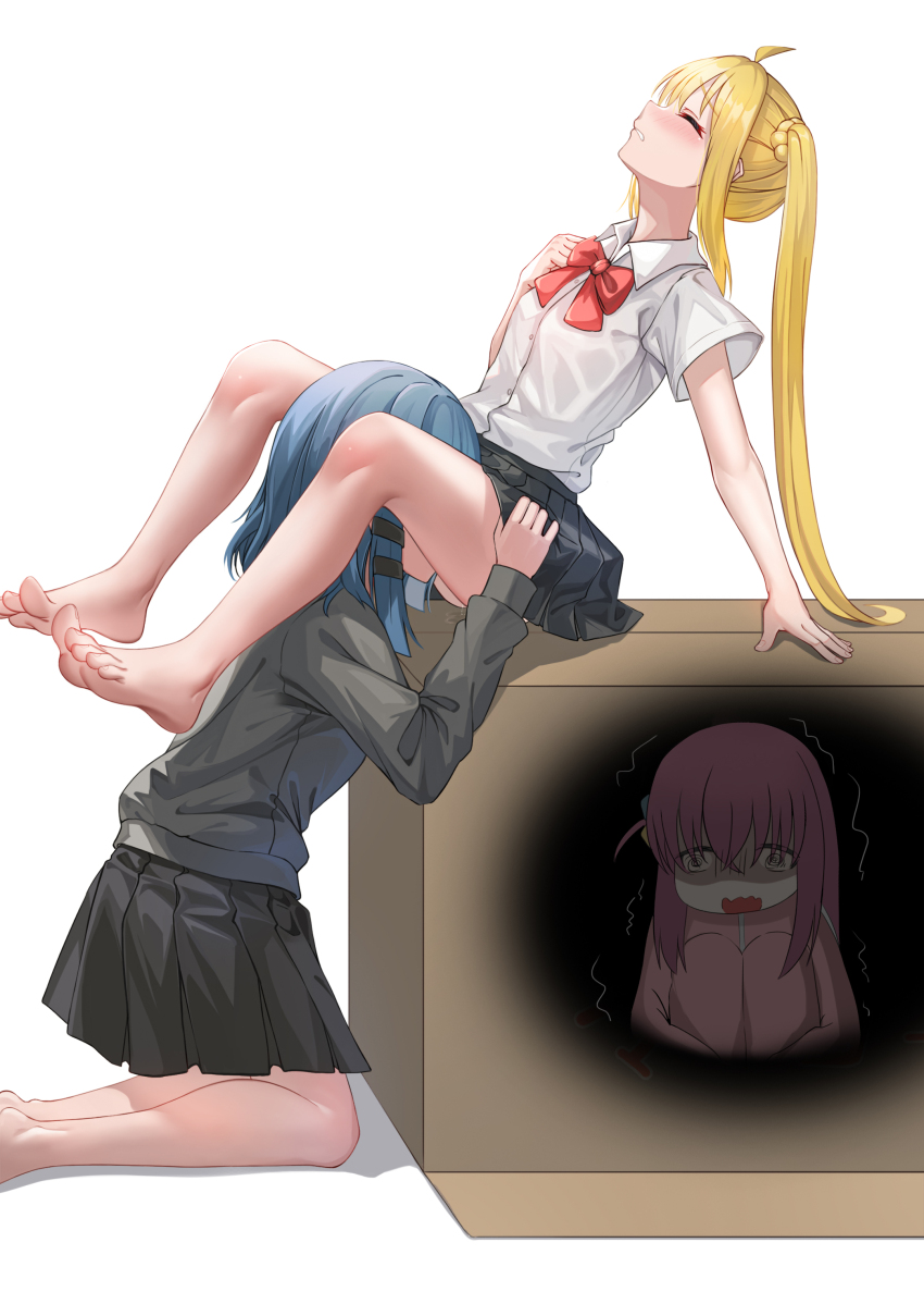 3girls absurdres ahoge bare_legs barefoot blonde_hair blue_hair blush bocchi_the_rock! bow bowtie box cardboard_box cardigan closed_eyes closed_mouth collared_shirt covered_mouth cunnilingus feet gotoh_hitori grey_cardigan grey_shirt grey_skirt hair_ornament hairclip hand_on_own_chest hiding highres ijichi_nijika implied_cunnilingus jacket long_hair multiple_girls on_box open_mouth oral pink_hair pink_jacket pink_track_suit pleated_skirt pussy_juice red_bow red_bowtie reiku09 school_uniform shimokitazawa_high_school_uniform shirt short_hair short_sleeves side_ponytail sidelocks sitting sitting_on_box skirt track_suit white_background white_shirt yamada_ryo yuri