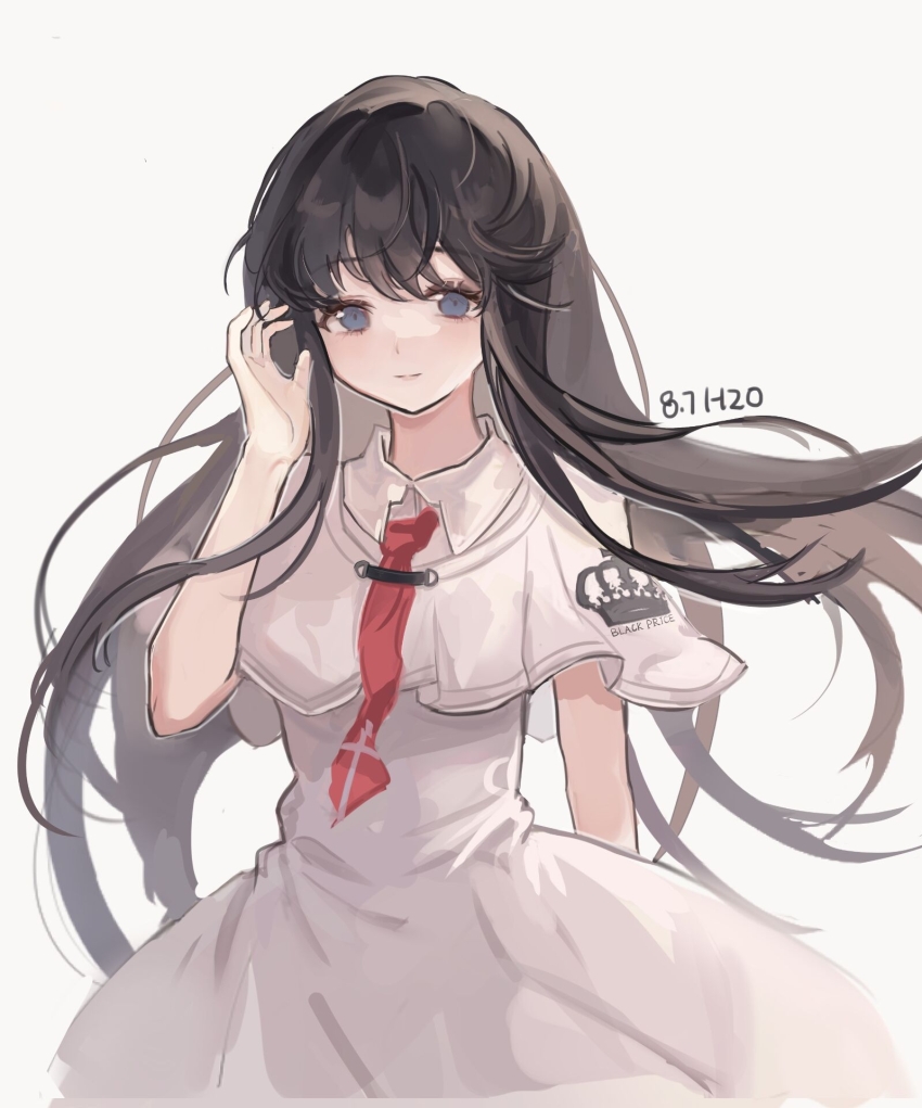 1girl arm_at_side artist_name black_hair blue_eyes capelet closed_mouth collared_shirt cross cross_print crown_print dated dress floating_hair h2o1107527 hand_up highres light_smile long_hair looking_at_viewer necktie print_capelet print_necktie red_necktie school_uniform shirt short_sleeves simple_background solo subarashiki_hibi takashima_zakuro upper_body white_background white_capelet white_dress