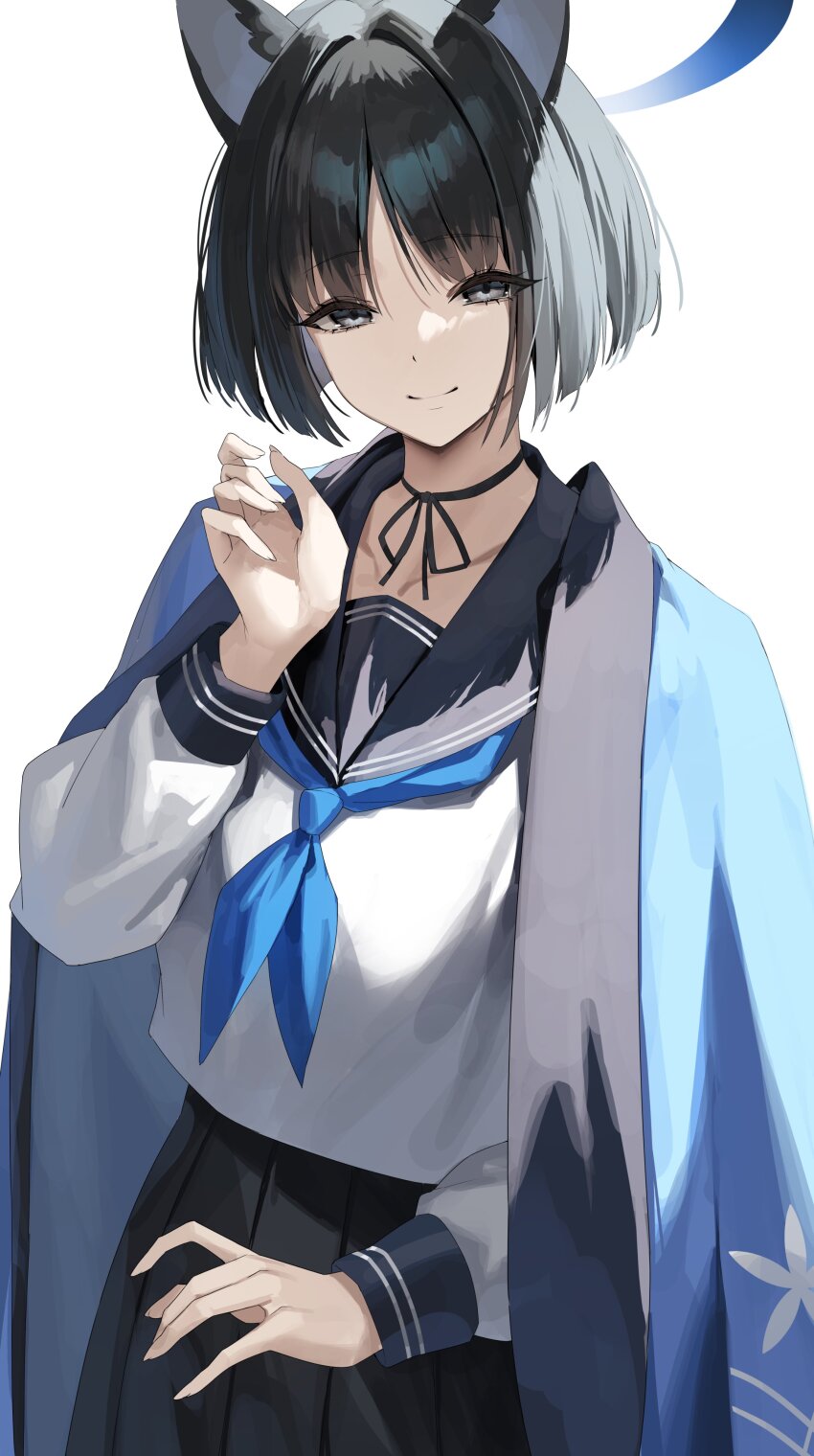 1girl absurdres animal_ears black_eyes black_hair black_skirt blue_archive blue_halo blue_kimono blue_neckerchief cat_ears cat_girl closed_mouth halo hand_up highres japanese_clothes kikyou_(blue_archive) kimono kimono_on_shoulders long_sleeves looking_at_viewer neckerchief sailor_collar school_uniform serafuku short_hair simple_background skirt solo white_background white_serafuku yamanokami_eaka