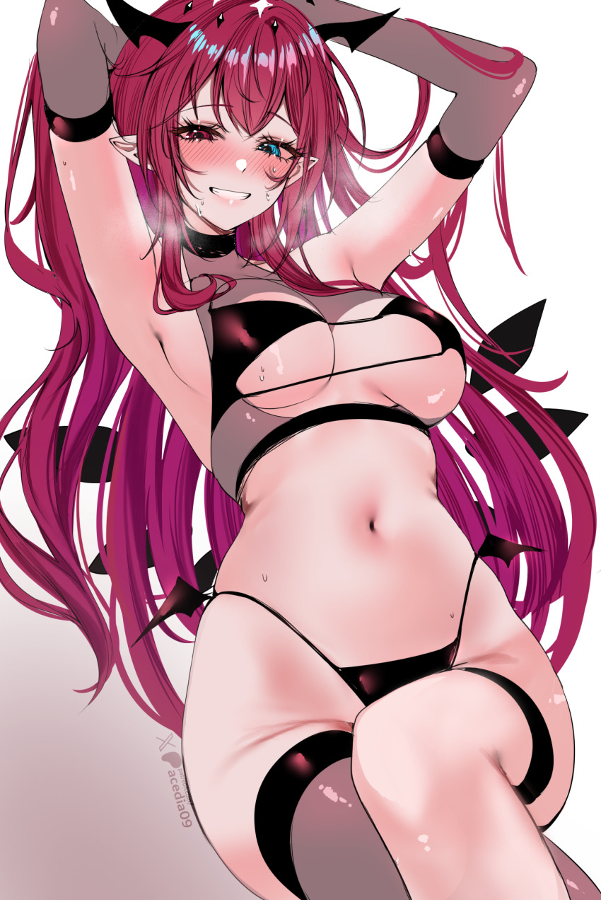 1girl acedia alternate_costume arm_behind_head armpits arms_up black_bra black_gloves black_panties black_thighhighs blue_eyes blush bra breasts breath commentary commentary_request crossed_legs detached_wings double-parted_bangs elbow_gloves english_commentary gloves gradient_background grin groin hair_between_eyes halo heterochromia highleg highleg_panties highres hololive hololive_english irys_(hololive) long_hair looking_at_viewer medium_breasts navel paid_reward_available panties pointy_ears purple_eyes purple_hair sidelocks single_thighhigh smile solo stomach thigh_strap thighhighs underwear very_long_hair virtual_youtuber wings