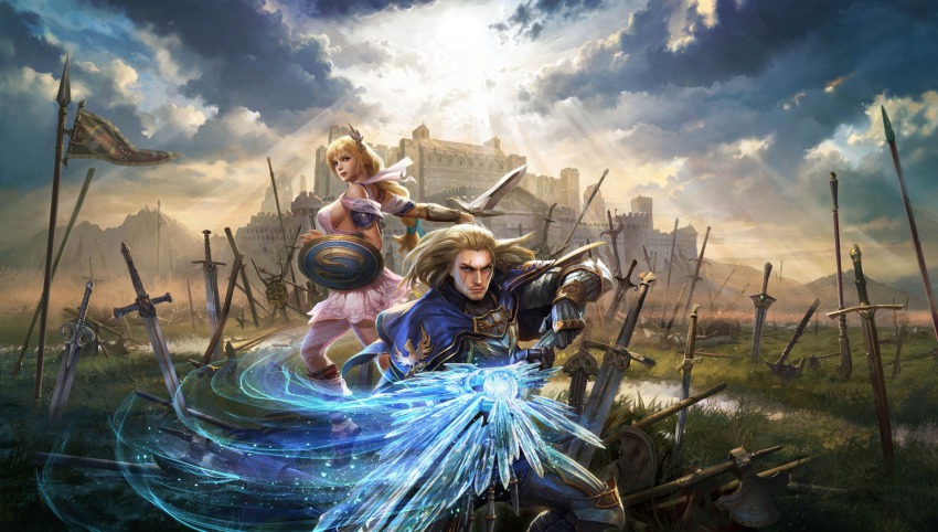 1boy 1girl 3d blonde_hair breasts castle gladiator_sandals highres large_breasts long_hair namco official_art sandals sideboob siegfried_schtauffen skirt sophitia_alexandra soul_calibur sword weapon