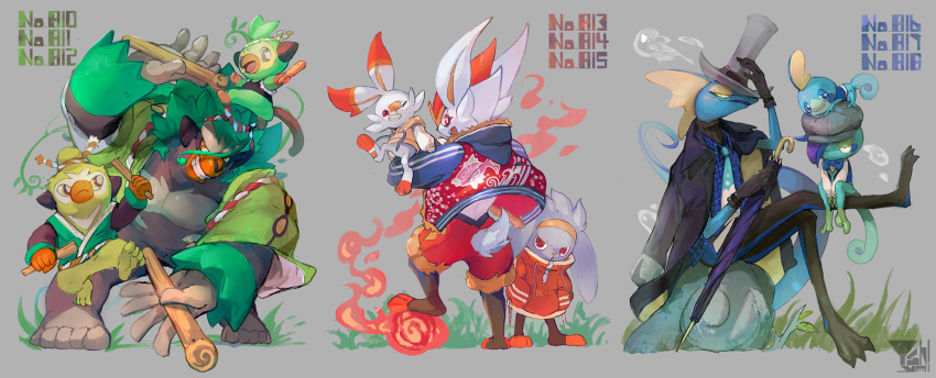 cinderace clothed_pokemon creatures_(company) drizzile drumsticks evolutionary_line furry game_freak gen_8_pokemon grookey hair_bun hat highres inteleon jacket jacket_on_shoulders japanese_clothes nintendo on_head pokedex_number pokemon pokemon_(creature) pokemon_on_head raboot rillaboom scorbunny single_hair_bun sitting smile sobble starter_pokemon_trio tail thwackey top_hat umbrella yoshiya_(lostbeat)