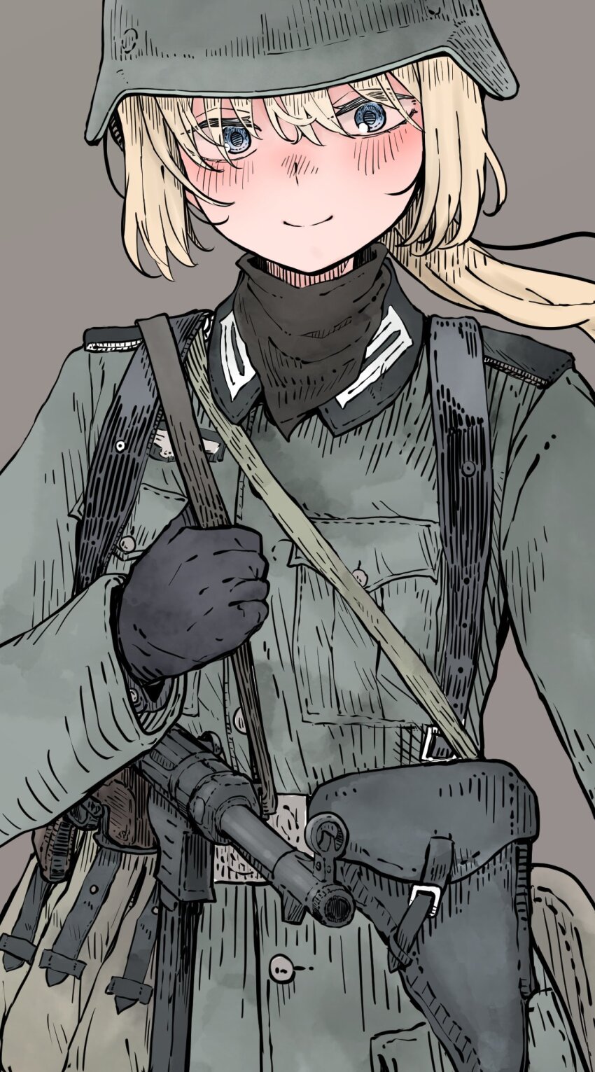 ammunition_pouch black_neckerchief blonde_hair blue_eyes breast_pocket closed_mouth collar_tabs combat_helmet copyright_request floating_hair german_army grey_background gun hair_between_eyes helmet highres holster light_smile military_uniform mp40 neckerchief pocket pouch shichisaburo shoulder_boards stahlhelm submachine_gun weapon world_war_ii