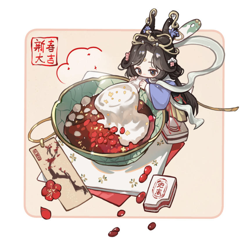 1girl artist_name black_eyes black_hair border bowl chibi chilizi chinese_new_year dim_sum facial_mark feixianji_(hairstyle) flower forehead_mark full_body hagoromo hair_flower hair_ornament highres holding holding_spoon jiu_niangzi jiu_niangzi_(blossom_spring_fairy) looking_at_food official_alternate_costume outside_border oversized_food oversized_object oversized_spoon pink_flower plum_blossoms purple_flower purple_hanfu red_flower reverse:1999 shawl skirt solo spoon white_border white_shawl yellow_background yellow_skirt