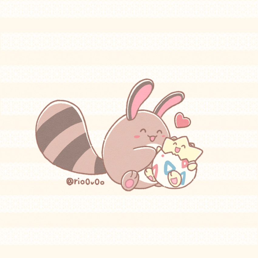 animal_focus blush_stickers closed_eyes commentary_request full_body gen_2_pokemon happy heart highres hug nintendo no_humans open_mouth pink_background pokemon pokemon_(creature) rio_(rio0v0o) sentret sitting togepi twitter_username