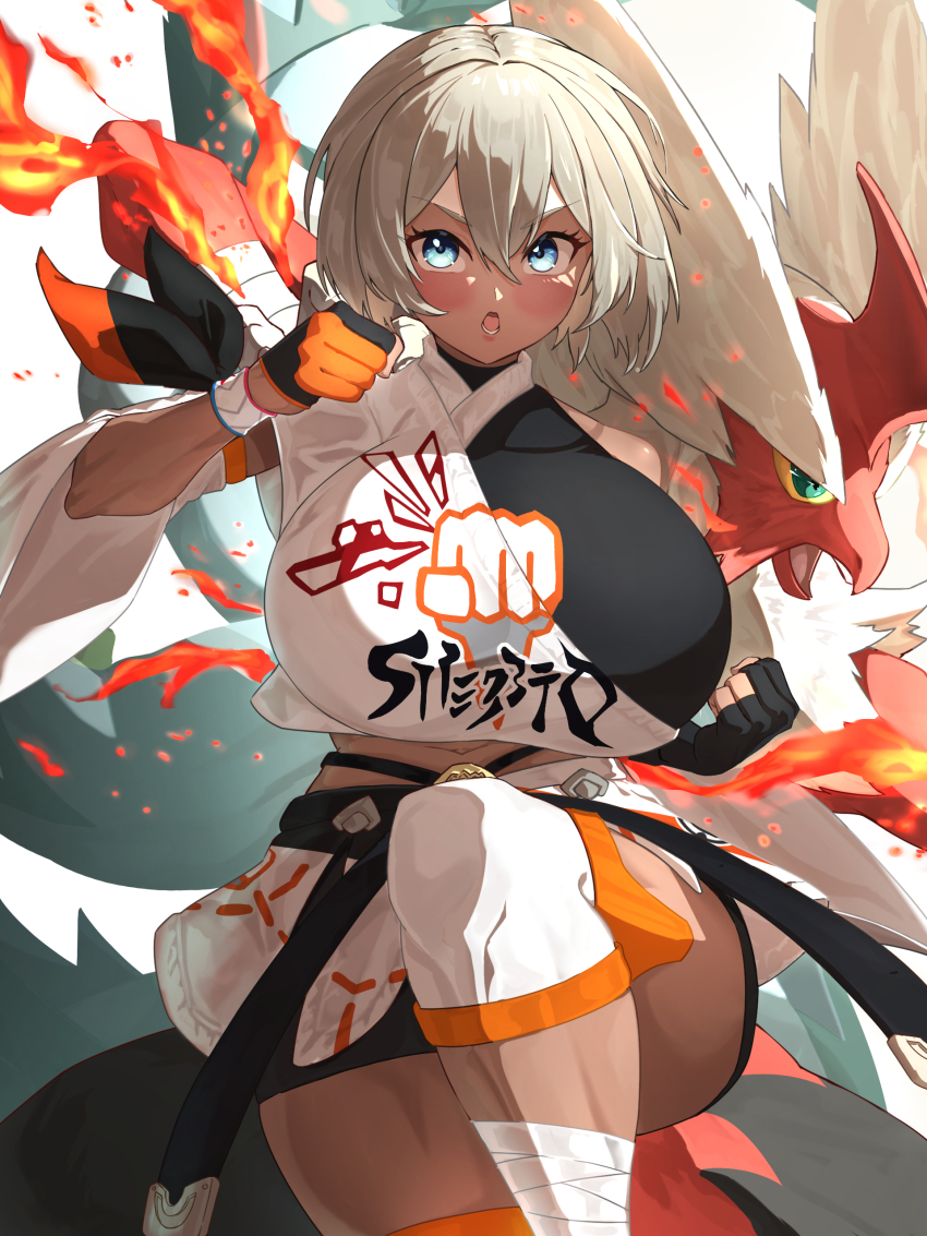 1girl :o absurdres adapted_costume aged_up asymmetrical_gloves bea_(pokemon) belt bike_shorts bike_shorts_under_skirt black_belt black_gloves black_shirt blaziken blue_eyes breasts commentary_request cowboy_shot dark-skinned_female dark_skin detached_sleeves dynamax_band elbow_gloves fighting_stance fire gen_3_pokemon gen_8_pokemon gloves grey_hair hair_between_eyes highres hizakake huge_breasts knee_pads leg_wrap legendary_pokemon looking_at_viewer lower_teeth_only mega_blaziken mega_pokemon midriff mismatched_gloves navel nintendo open_mouth partially_fingerless_gloves pokemon pokemon_(creature) pokemon_swsh print_shirt shirt short_hair sidelocks single_bare_shoulder single_detached_sleeve single_elbow_glove skirt solo_focus standing standing_on_one_leg teeth two-tone_shirt urshifu white_shirt white_skirt white_sleeves