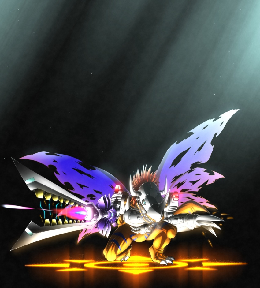 a10thunderboit arm_cannon black_background claw_(weapon) cyborg digimon digimon_adventure:_(2020) dinosaur green_eyes highres mechanical_arms metalgreymon metalgreymon_alterous_mode orange_scales purple_wings red_hair sharp_teeth simple_background teeth torn_wings weapon wings