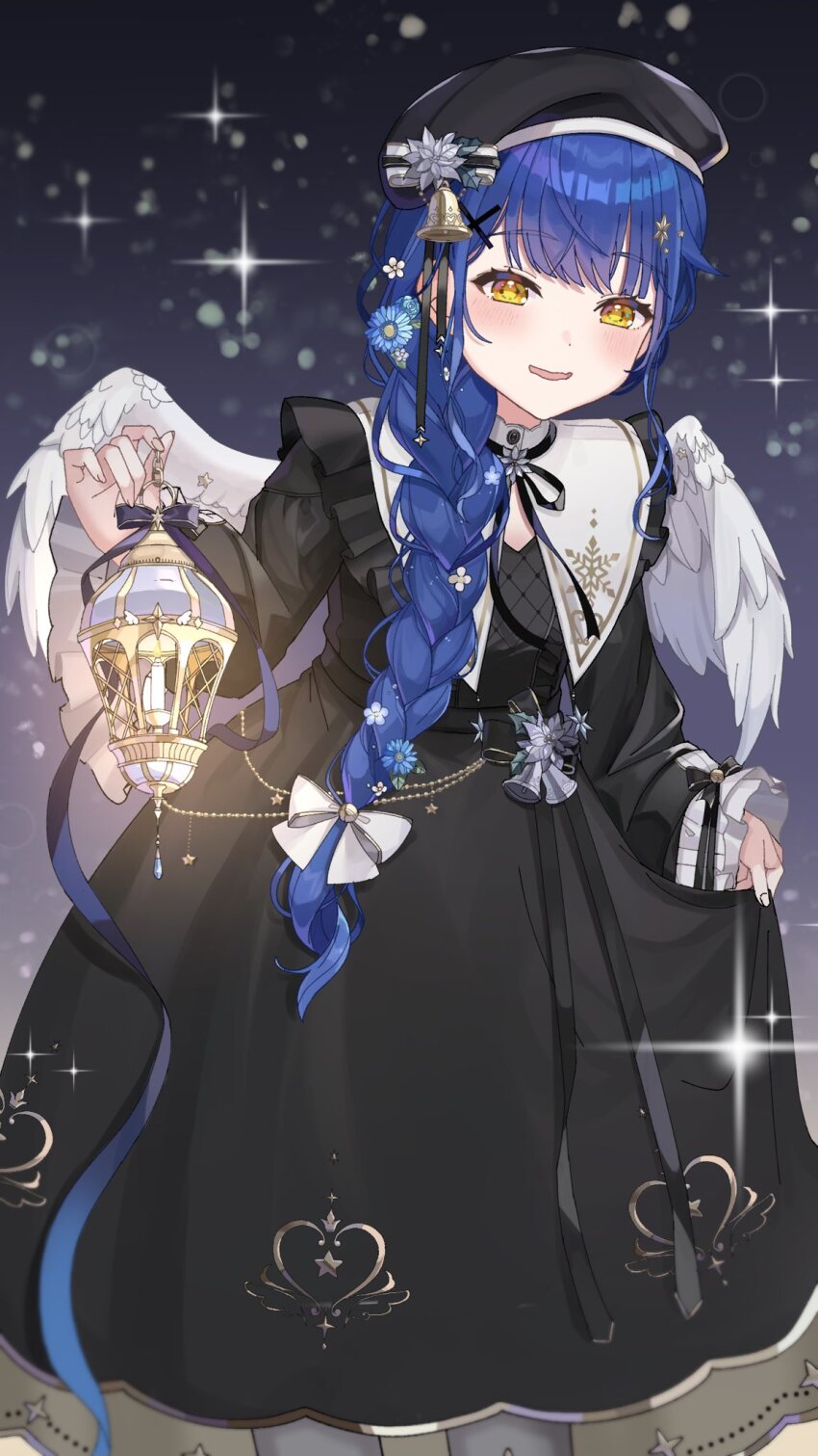 1girl amamiya_kokoro amamiya_kokoro_(5th_costume) angel_wings bell beret black_dress black_hat blue_hair blunt_bangs blush body_jewelry bow capelet clothes_lift dark_blue_hair dress feathered_wings flower frilled_capelet frilled_sleeves frills gold_trim hair_flower hair_ornament hat hat_bell hat_bow high-waist_bottom high_collar highres holding holding_lantern jingle_bell lantern long_hair long_sleeves low-braided_long_hair low-tied_long_hair medium_dress mocha_k31 nijisanji ribbon-trimmed_sleeve_cuffs skirt skirt_lift smile smug solo sparkle sparkle_background star_(symbol) star_hair_ornament string_choker thighhighs virtual_youtuber wings yellow_eyes