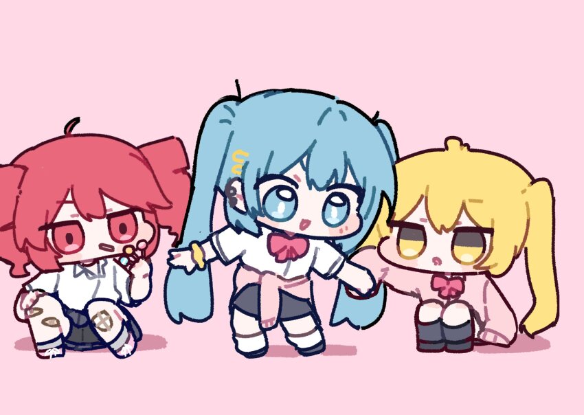 3girls akita_neru aqua_hair blonde_hair cardigan chibi chibi_only drill_hair gyaru hatsune_miku highres kasane_teto kogal long_sleeves miratsu_(miratsu169) multiple_girls pink_background pink_cardigan red_hair school_uniform serafuku simple_background twin_drills twintails utau vocaloid wide_ponytail zako_(vocaloid)