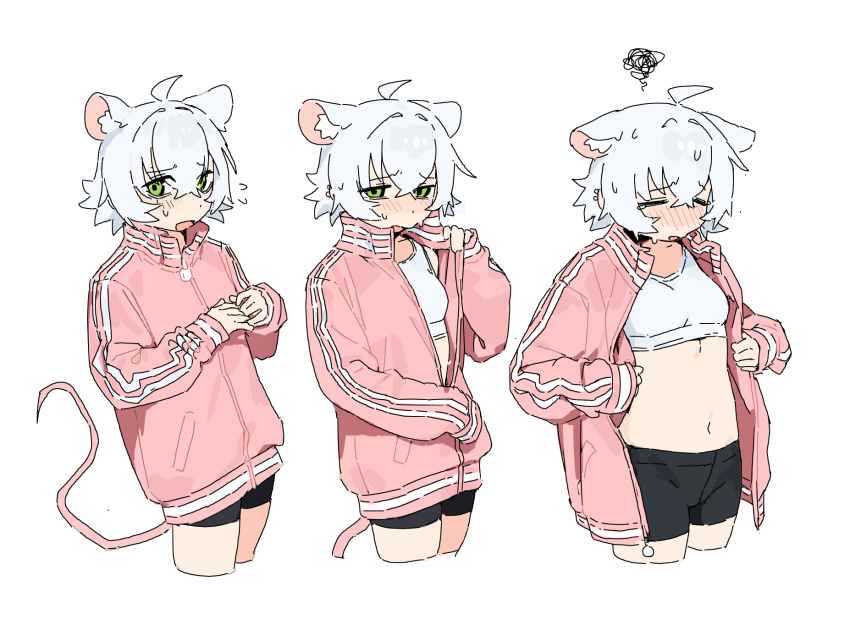 1girl animal_ear_fluff animal_ears bike_shorts blush breasts colored_inner_animal_ears commentary english_commentary flustered green_eyes highres jacket long_sleeves looking_at_viewer midriff mouse_ears mouse_girl mouse_tail multiple_views open_clothes open_jacket open_mouth original perl_(vertigris) pink_jacket progression removing_jacket short_hair simple_background small_breasts sports_bra tail track_jacket undressing vertigris white_background white_hair white_sports_bra
