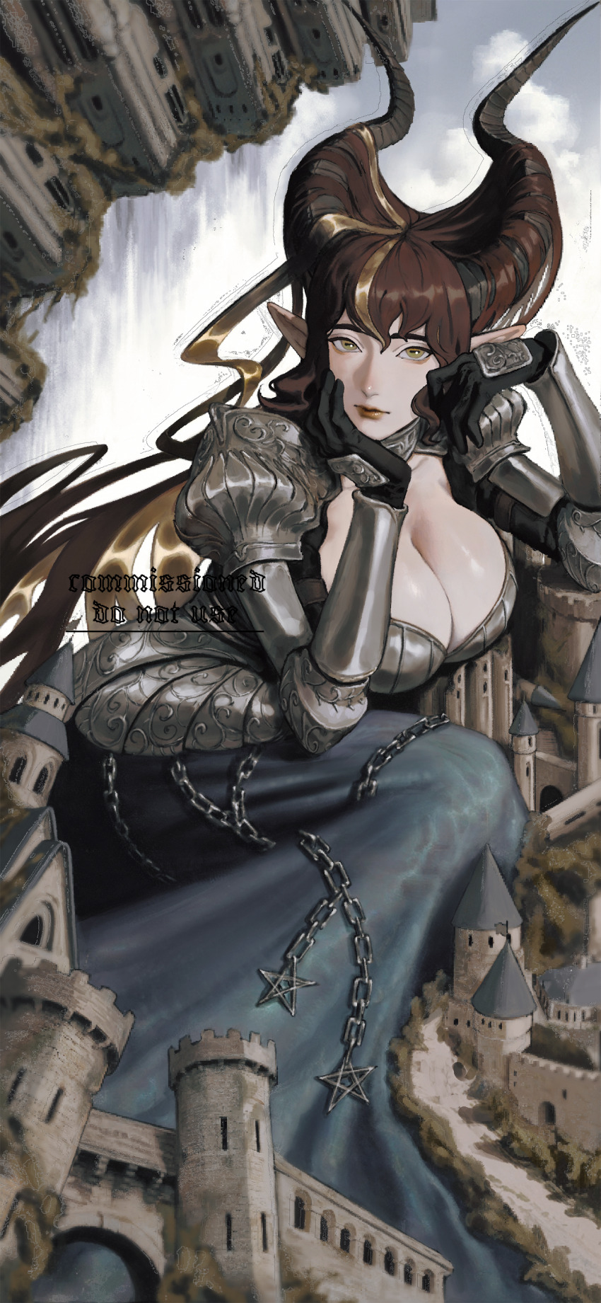 1girl absurdres armor armored_dress black_gloves black_horns blonde_hair blue_dress breasts brown_hair castle chain cleavage cleavage_cutout closed_mouth clothing_cutout commentary_request commission dress elbow_rest fantasy gauntlets giant giantess gloves gorget hair_flowing_over hand_on_own_head head_rest highres horizontal_pupils horns lapefamm large_breasts long_dress long_hair looking_at_viewer medieval multicolored_hair orange_lips original outdoors pointy_ears russian_commentary shoulder_armor sitting solo streaked_hair watermark yellow_eyes