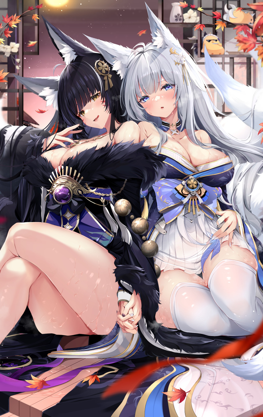 2girls absurdres animal_ear_fluff animal_ears azur_lane black_hair blue_eyes fox_ears fox_girl fox_tail hair_ornament highres holding_hands japanese_clothes kimono long_hair manjuu_(azur_lane) mole mole_under_eye multiple_girls multiple_tails musashi_(azur_lane) nail_polish shiira_(nya_rl) shinano_(azur_lane) silver_hair tagme tail yellow_eyes