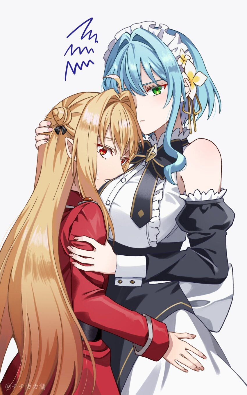 2girls bare_shoulders between_breasts blonde_hair blue_hair breasts chimimago closed_mouth coat commentary_request cone_hair_bun detached_sleeves dress face_between_breasts flower green_eyes hair_bun hair_flower hair_ornament hand_on_another&#039;s_arm hand_on_another&#039;s_head hand_on_another&#039;s_waist head_between_breasts height_difference highres hikikomari_kyuuketsuki_no_monmon large_breasts long_sleeves looking_at_viewer maid maid_headdress multiple_girls parted_lips pink_nails pointy_ears red_coat red_eyes short_hair_with_long_locks simple_background squiggle sweatdrop terakomari_gandezblood villhaze white_background white_dress white_flower white_headdress yuri