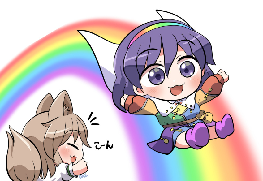 2girls :3 :d animal_ear_fluff animal_ears belt_pouch blue_eyes blue_hair blush boots brown_hair cape closed_eyes commentary_request fox_ears fox_girl fox_tail ko~n kudamaki_tsukasa long_sleeves multiple_girls notice_lines open_mouth outstretched_arms patchwork_clothes pink_boots pouch rainbow rainbow_gradient rainbow_hairband rokugou_daisuke short_hair short_sleeves signature simple_background smile spread_arms tail tenkyuu_chimata touhou white_background white_cape white_romper
